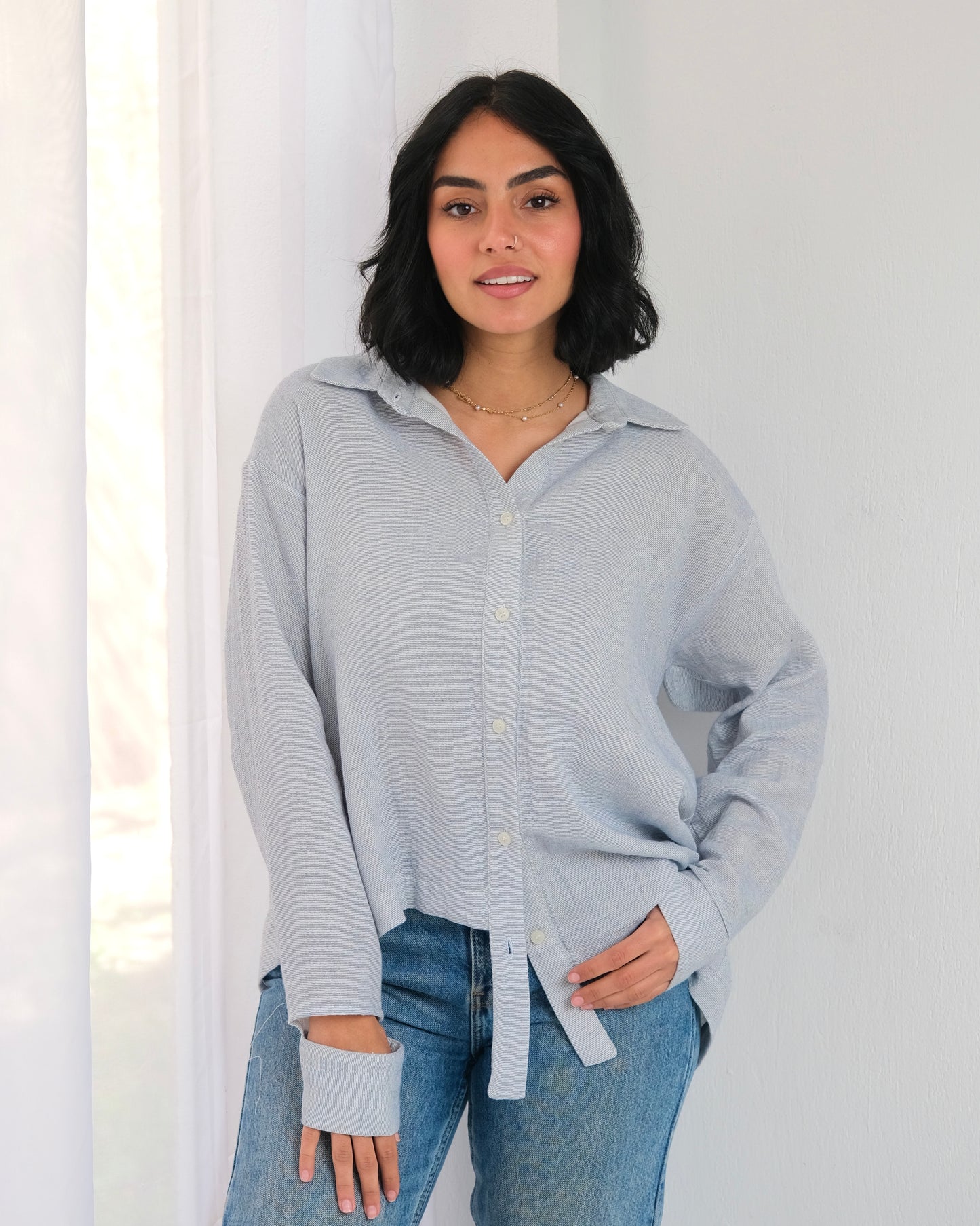 Asymmetric Striped Linen Shirt in Blue
