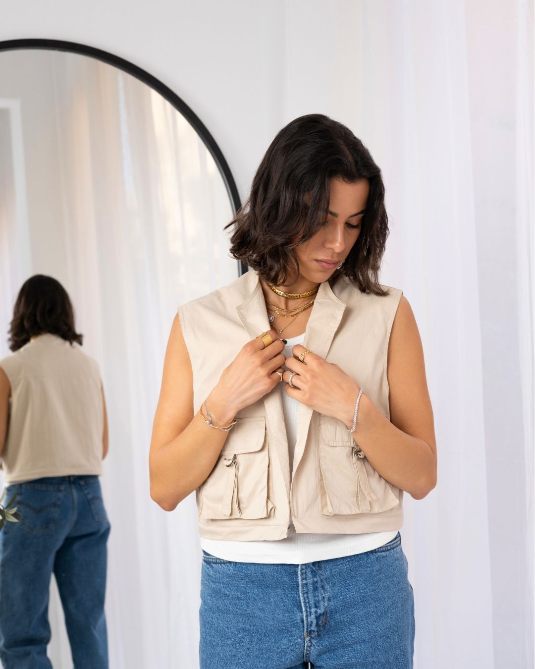 Detachable Cargo Vest in Stone Beige - Women