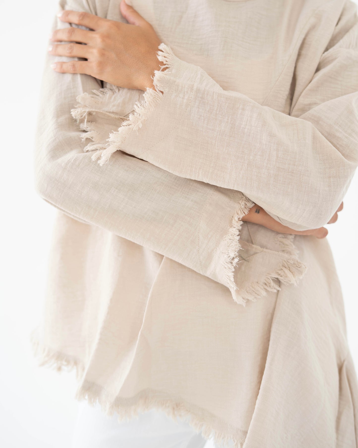 Frayed Edges Top in Beige - Long Sleeves