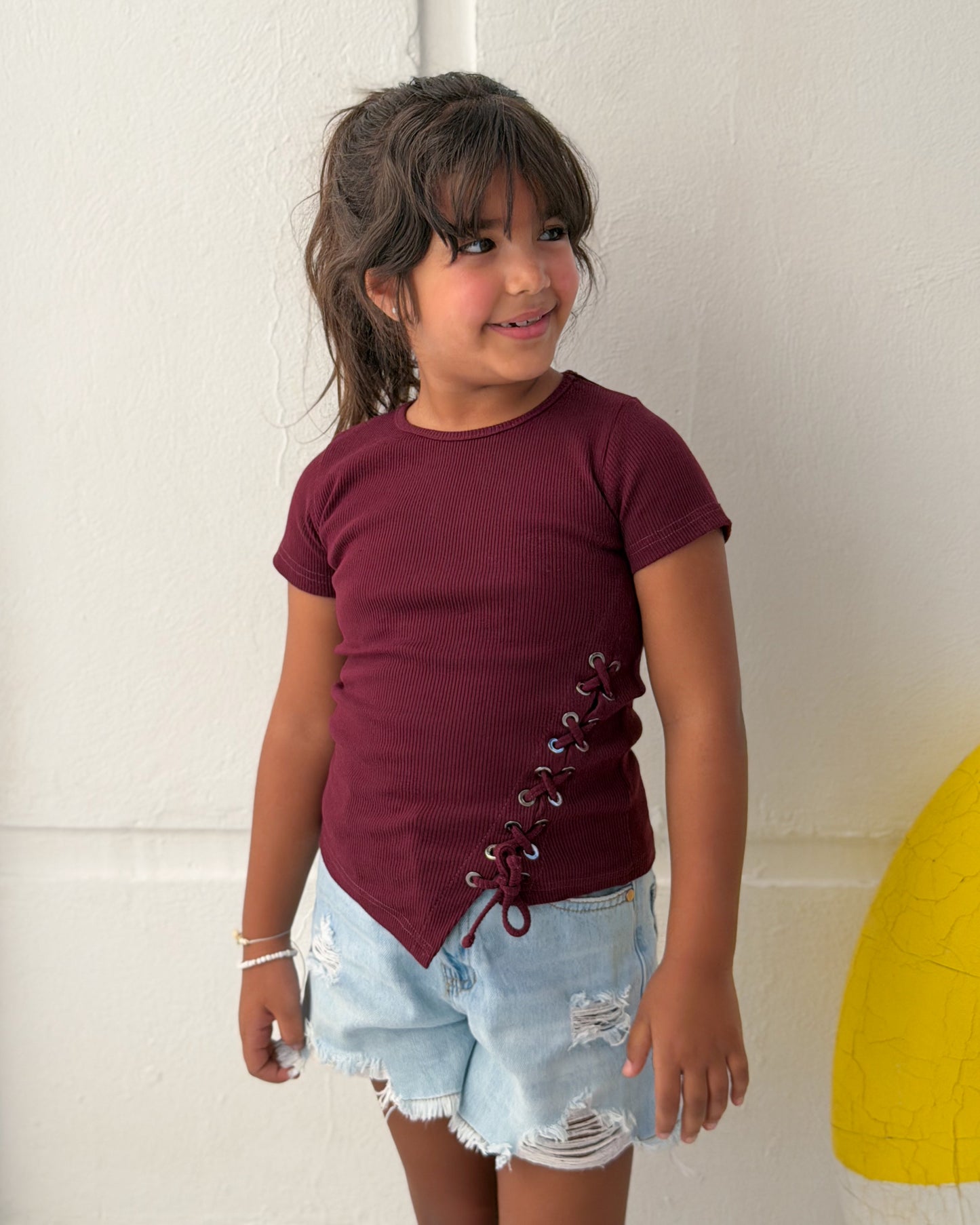 Ribbed Lace-up Tee - Burgundy