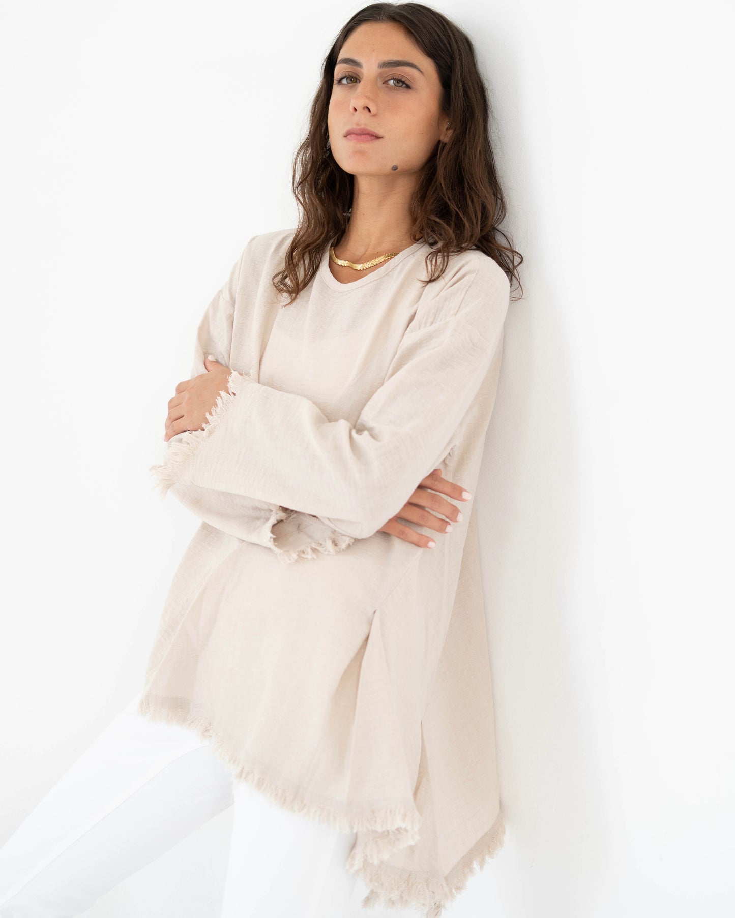 Frayed Edges Top in Beige - Long Sleeves
