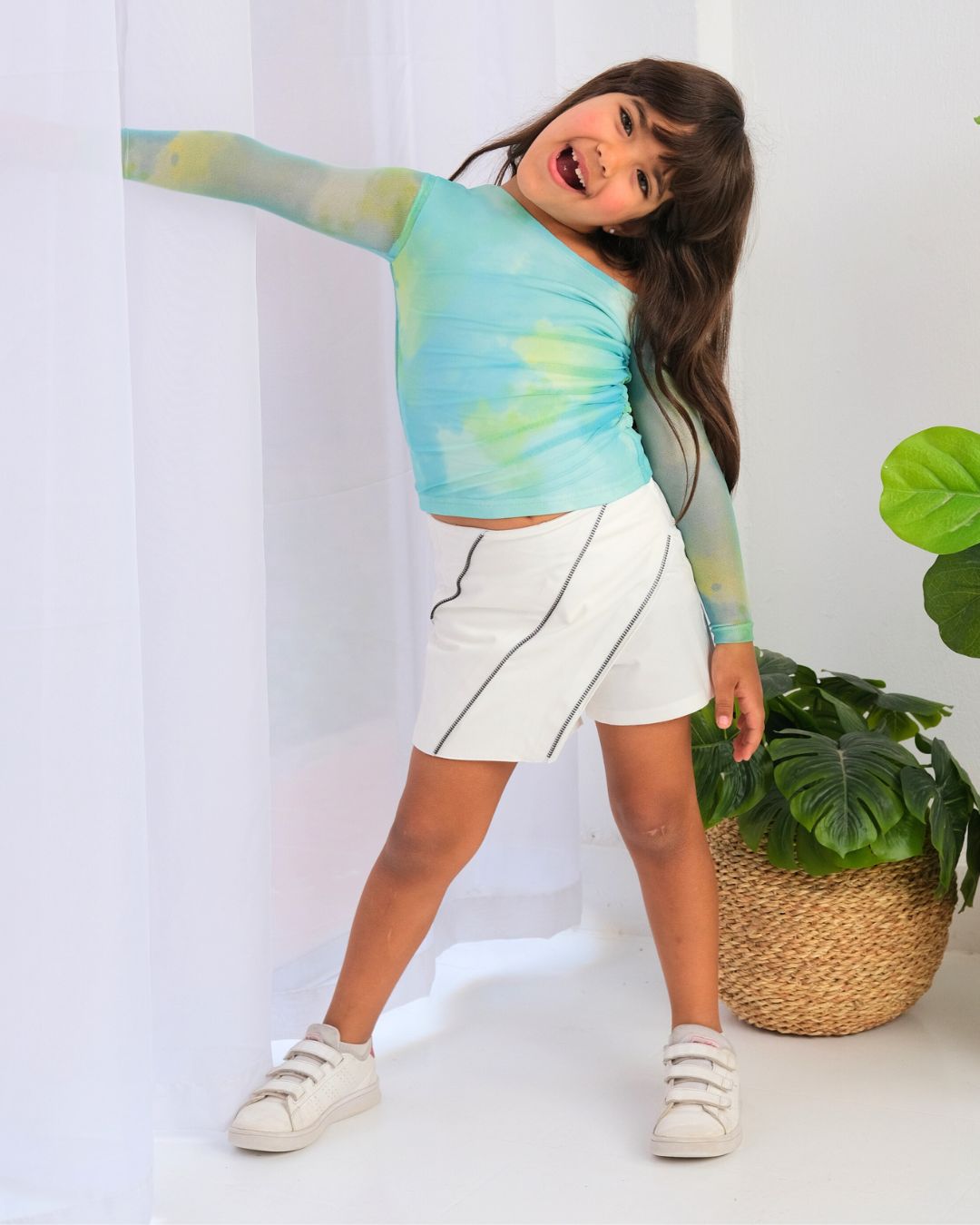 One Shoulder Mesh Top in Blue