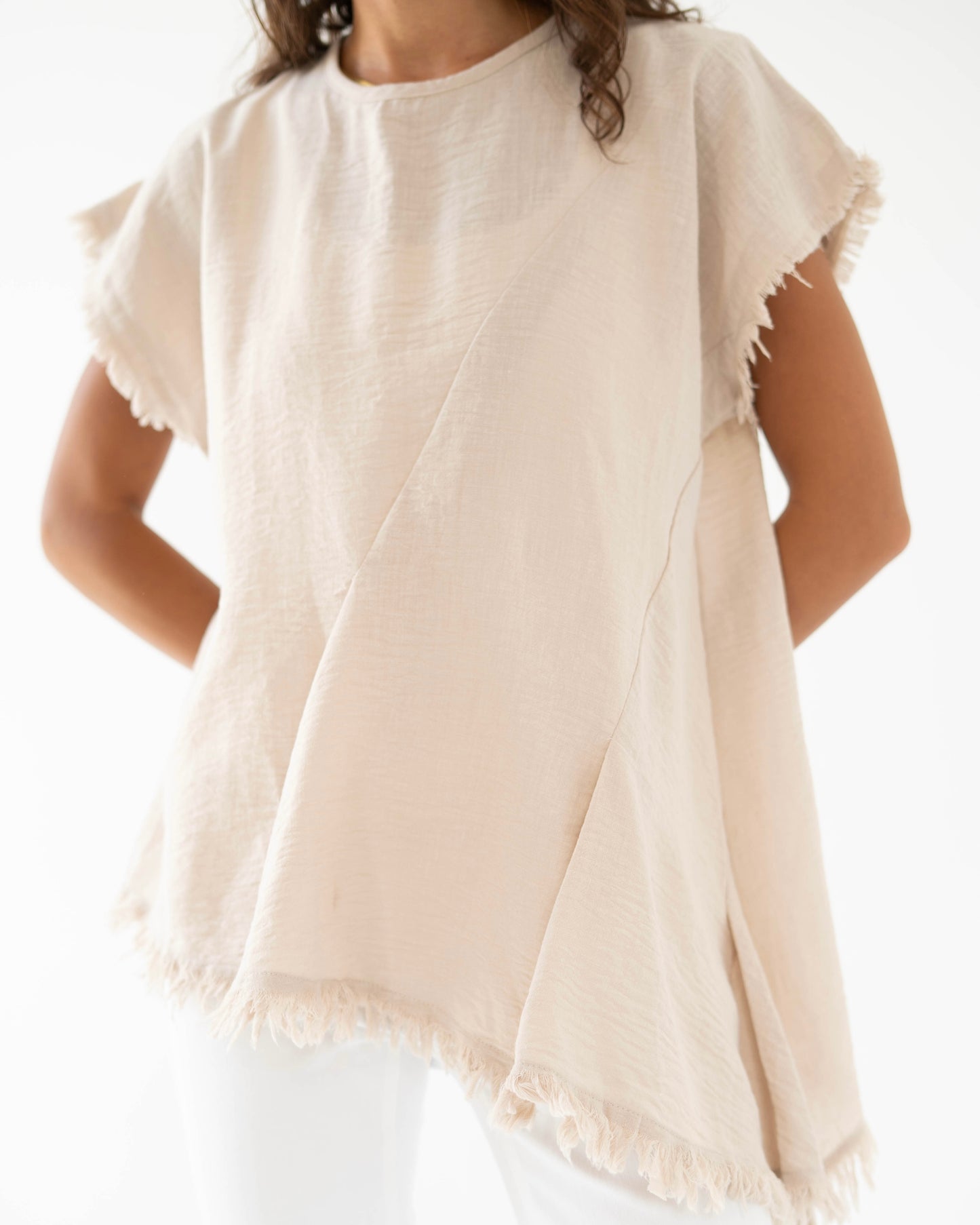Frayed Edges Top in Beige - Short Sleeves