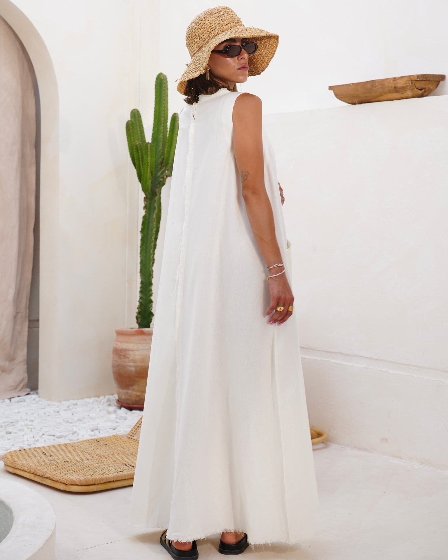 Frayed Linen Dress - White