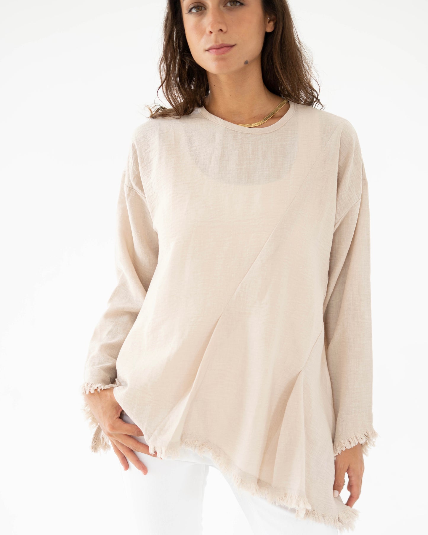 Frayed Edges Top in Beige - Long Sleeves