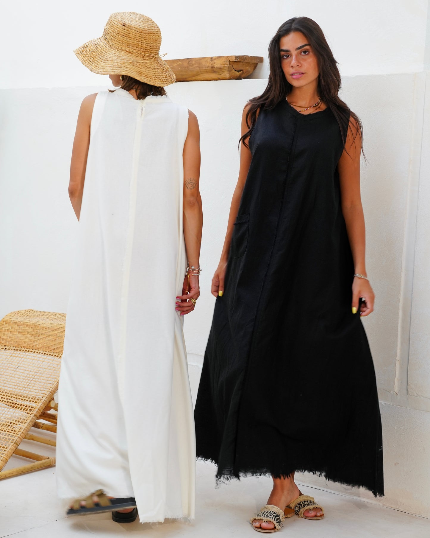 Frayed Linen Dress - Black