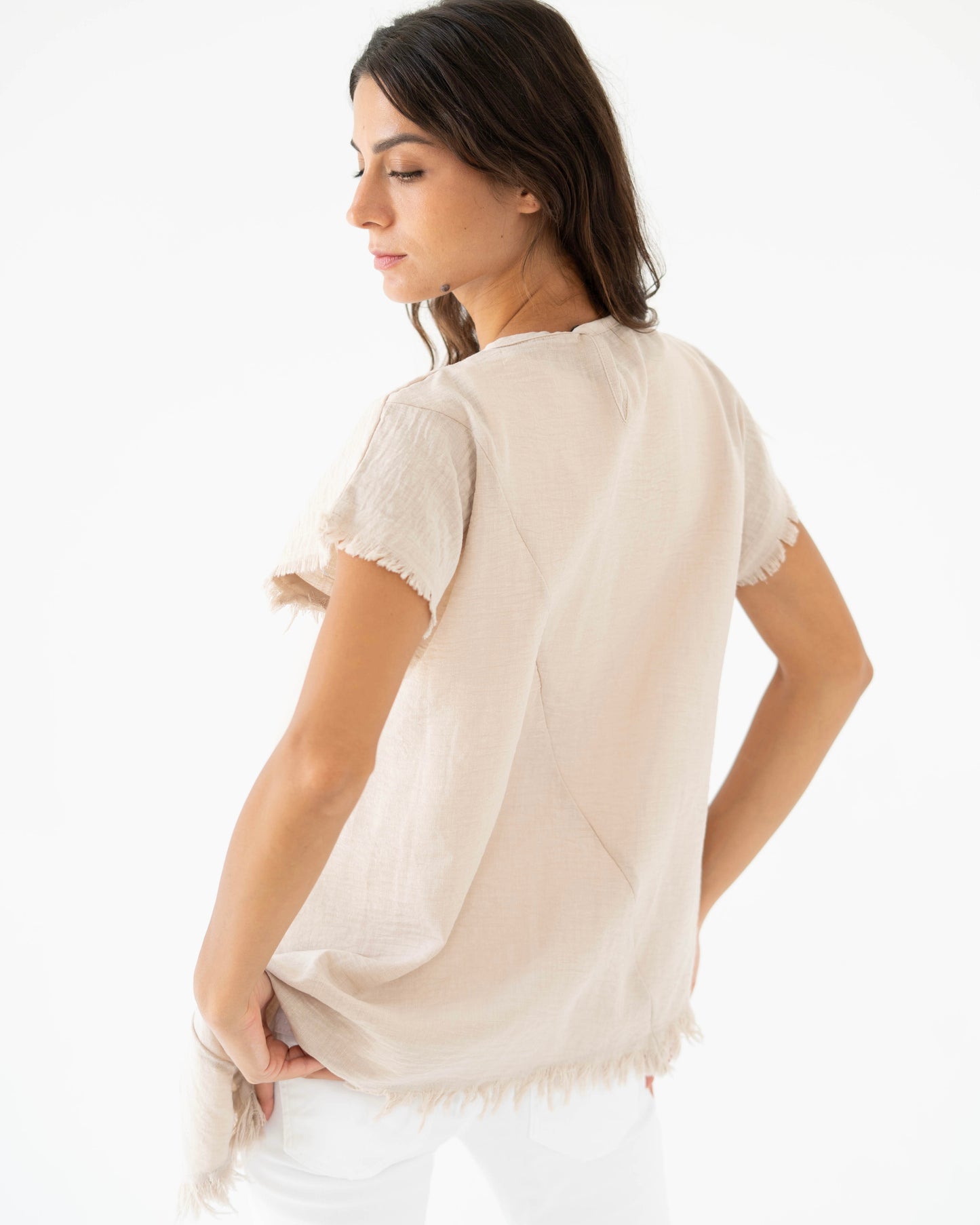 Frayed Edges Top in Beige - Short Sleeves