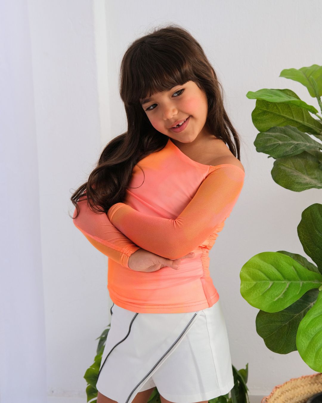 One Shoulder Mesh Top in Orange