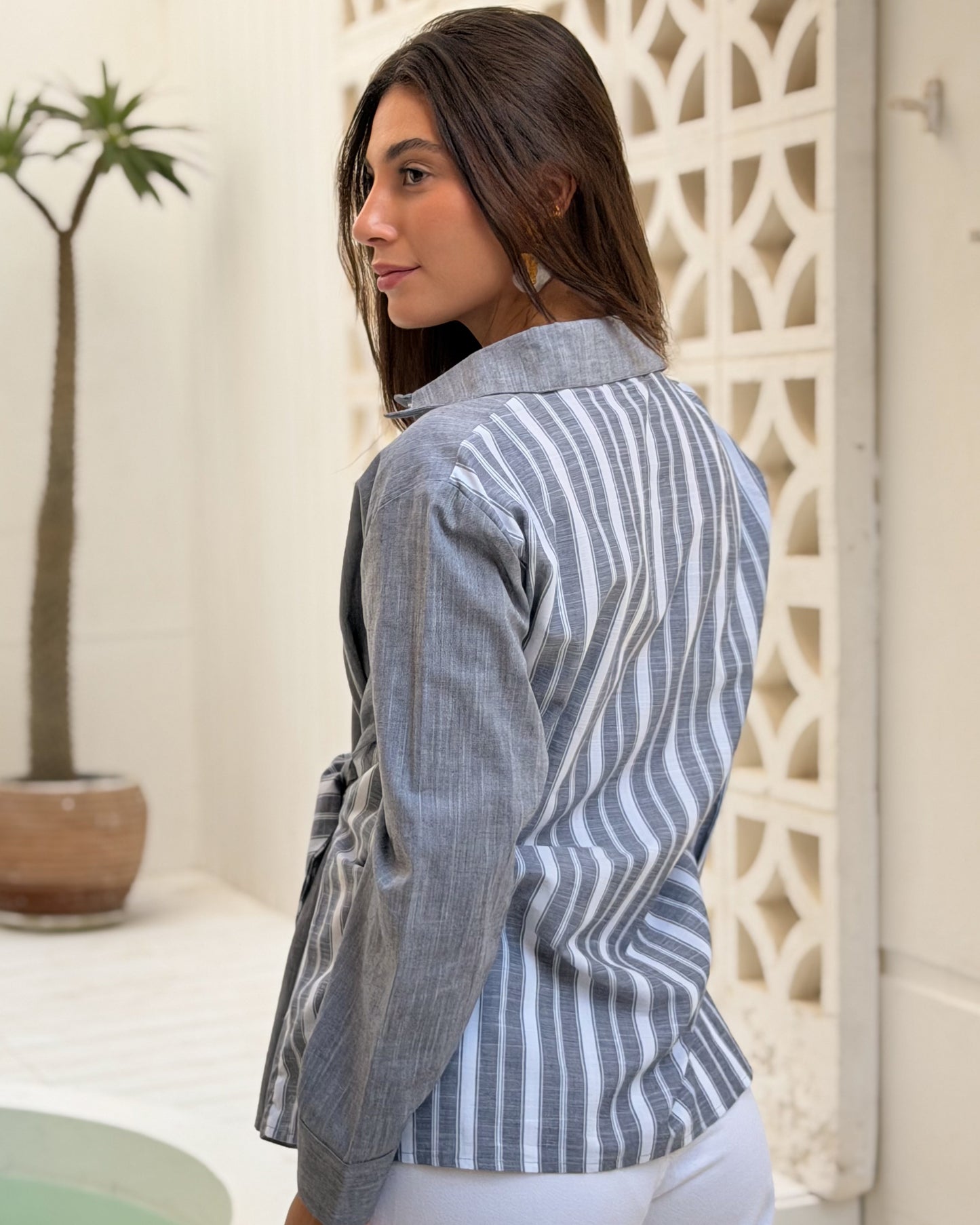 Tie-front Striped Shirt - Grey