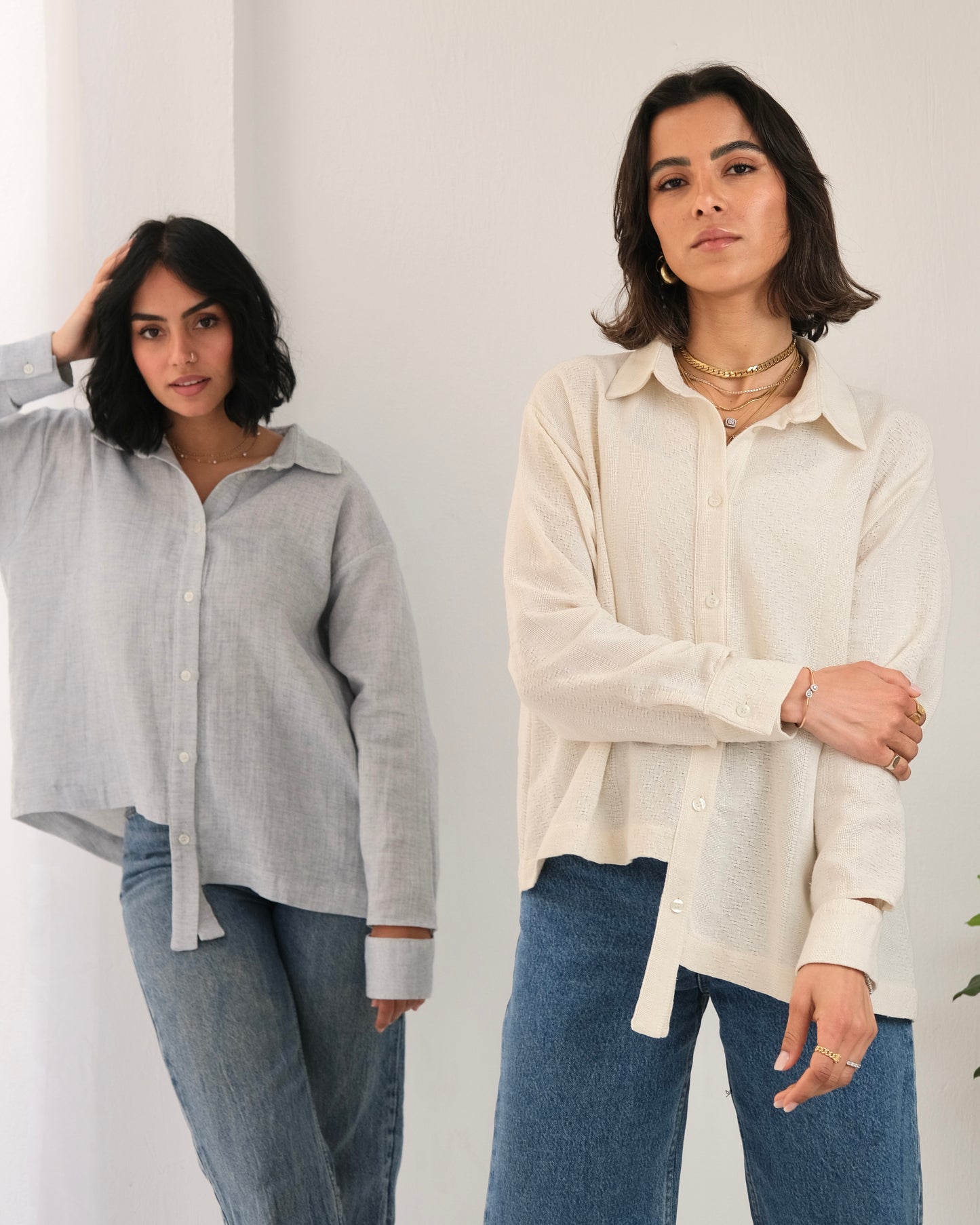 Asymmetric Textured Linen Shirt in Beige