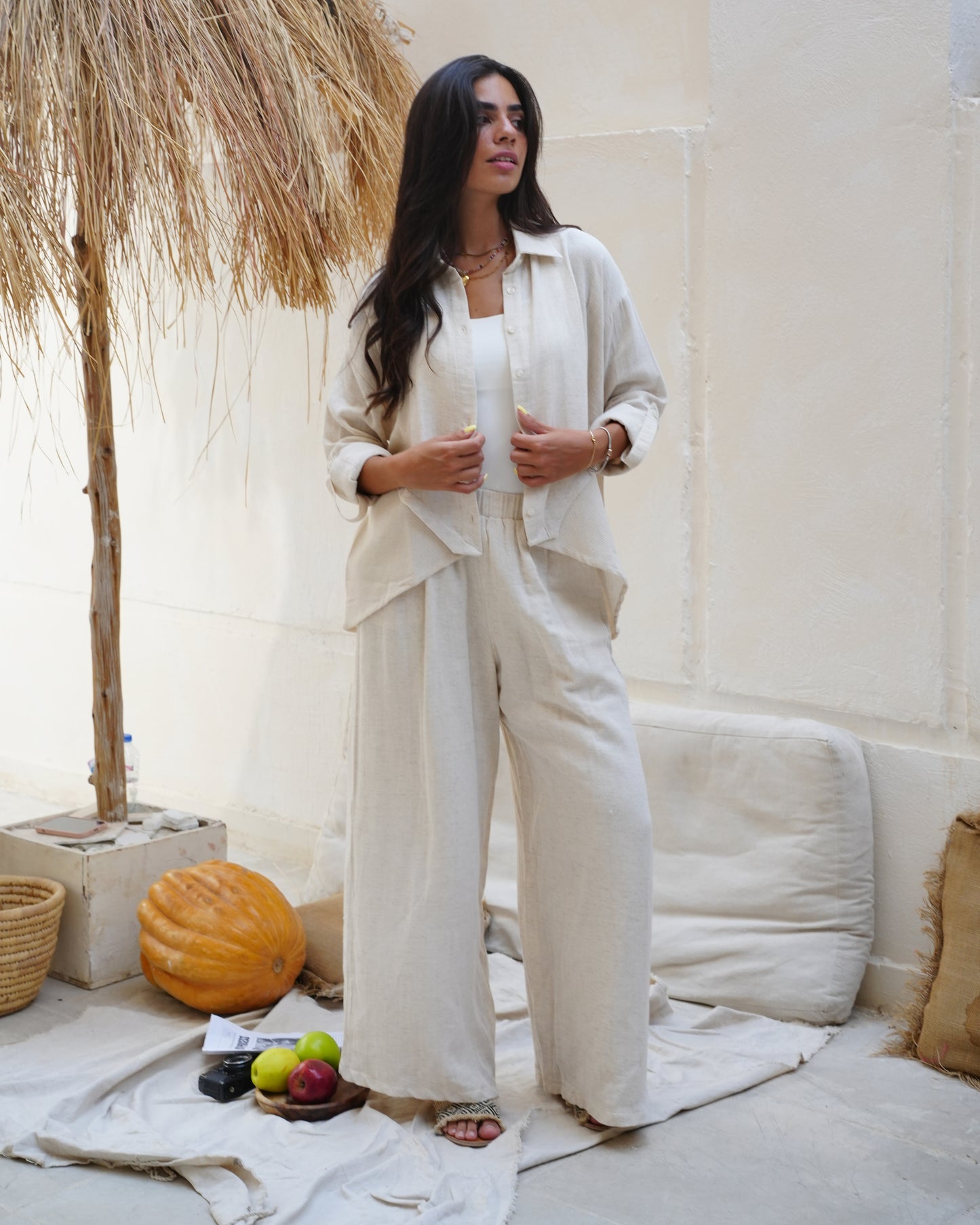 Pleats Linen Pants in Beige
