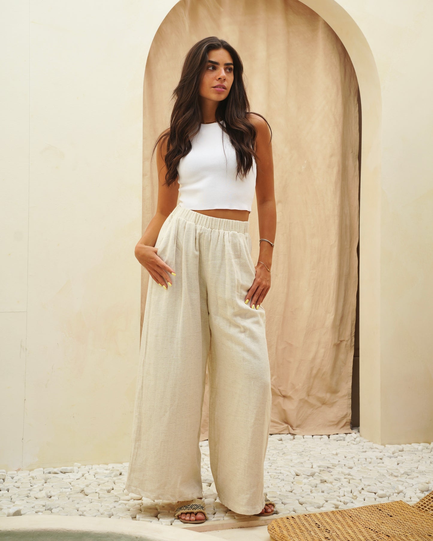 Pleats Linen Pants in Beige