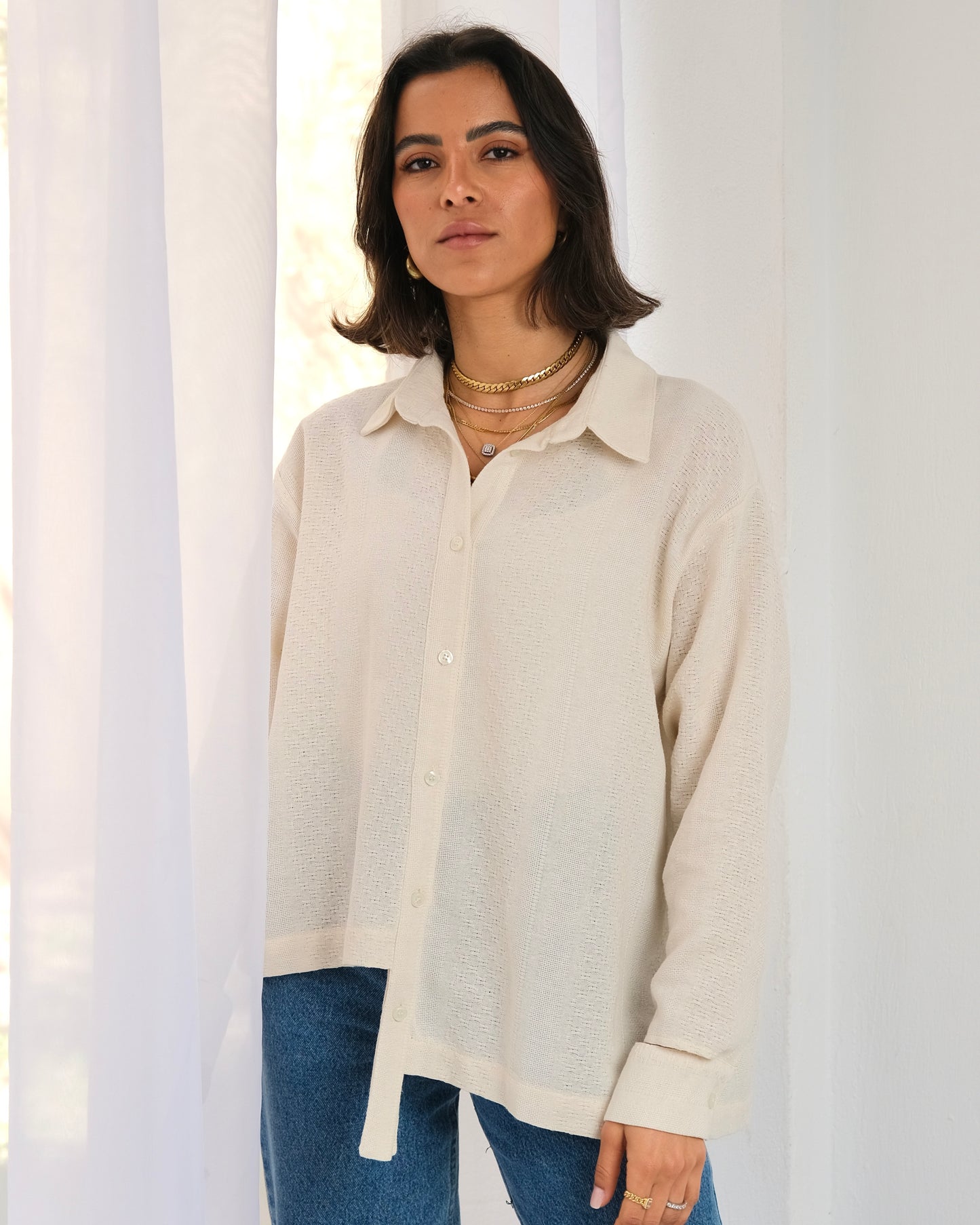 Asymmetric Textured Linen Shirt in Beige