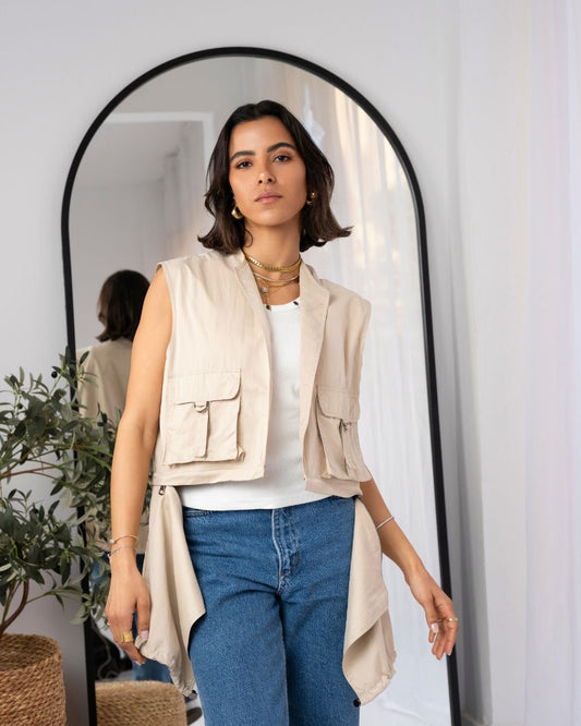 Detachable Cargo Vest in Stone Beige - Women