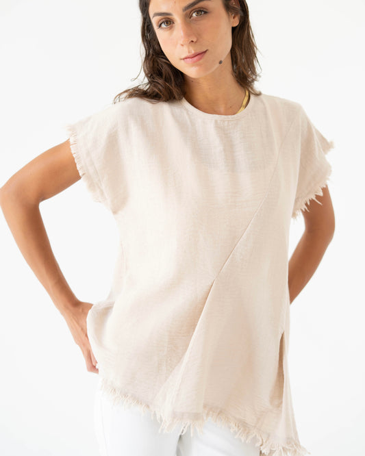 Frayed Edges Top in Beige - Short Sleeves