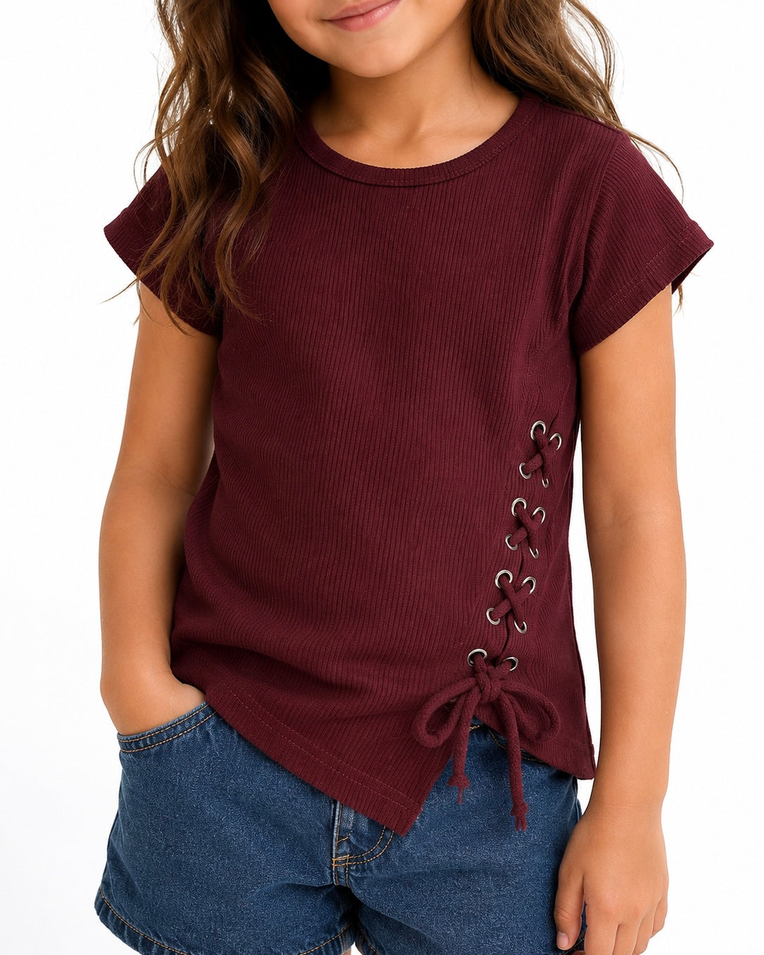 Ribbed Lace-up Tee - Burgundy