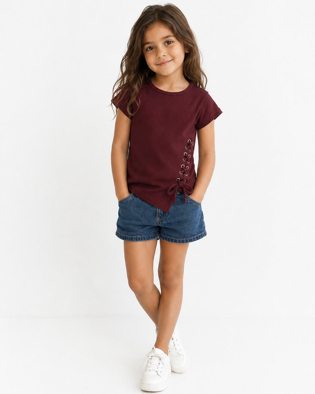 Ribbed Lace-up Tee - Burgundy