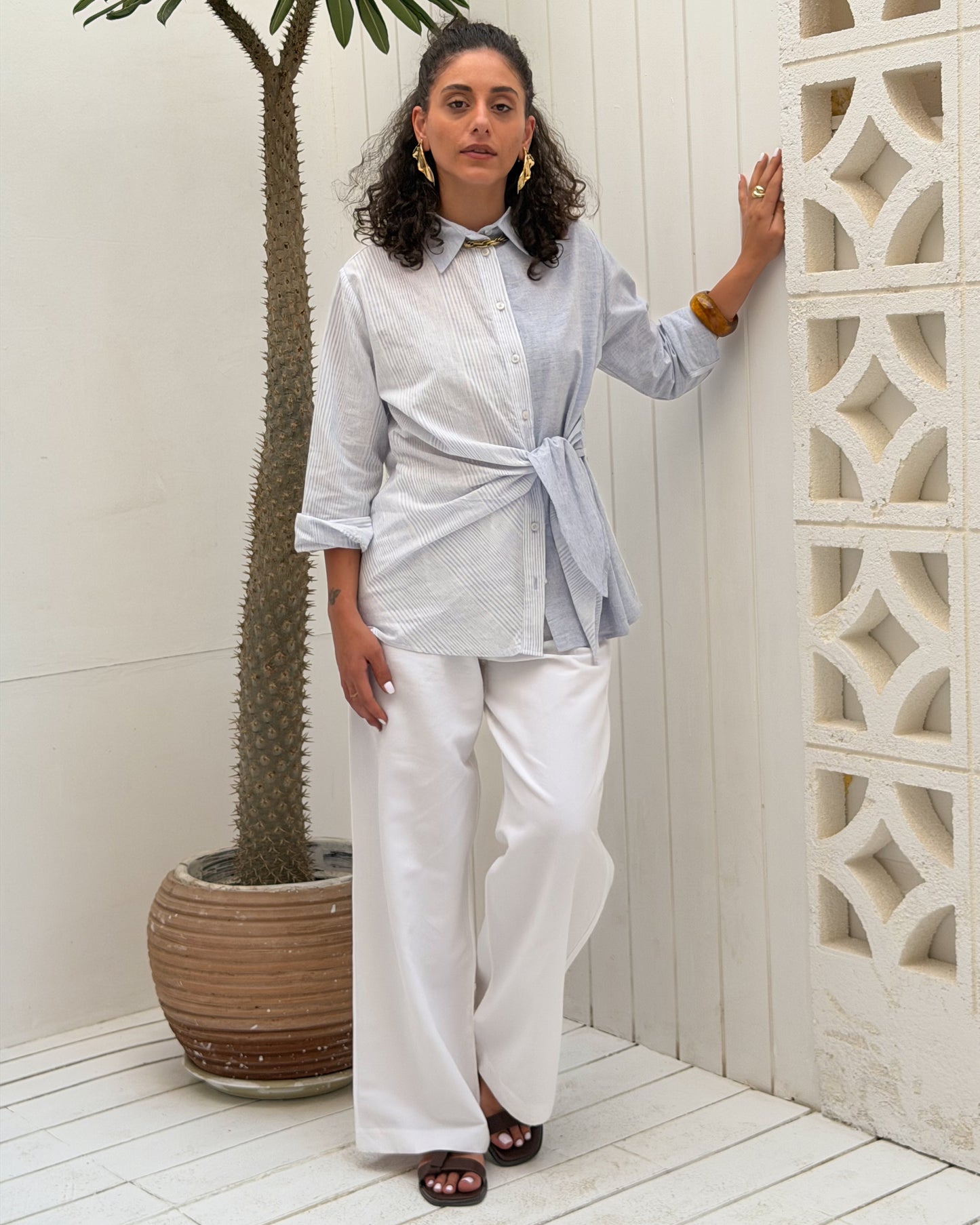 Tie-front Striped Shirt - Light Blue