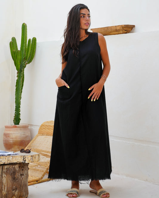 Frayed Linen Dress - Black
