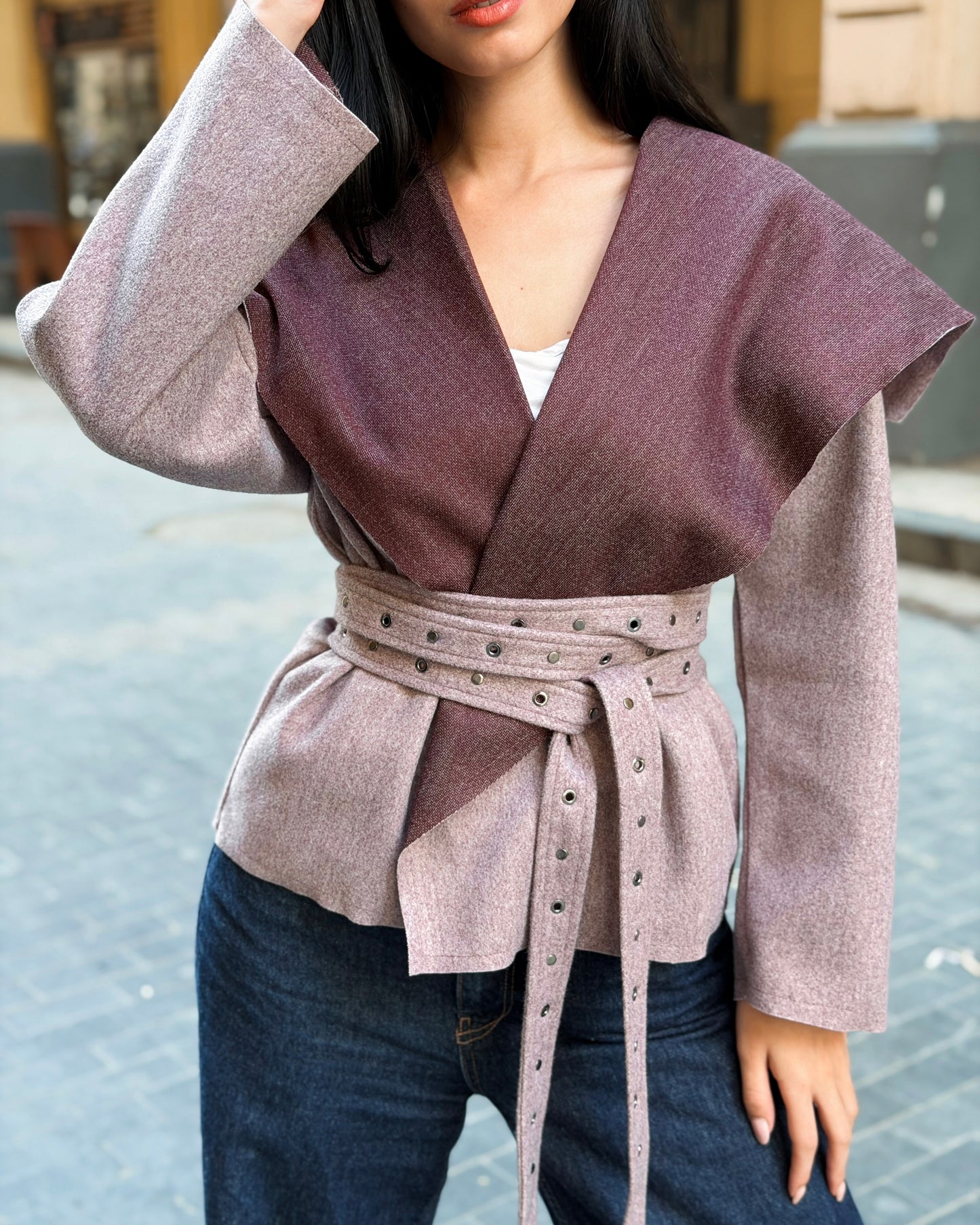 Belted Two-Tone Jacket in Plum