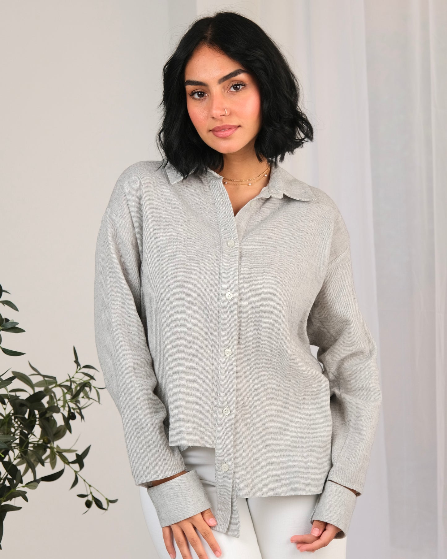 Asymmetric Striped Linen Shirt in Grey