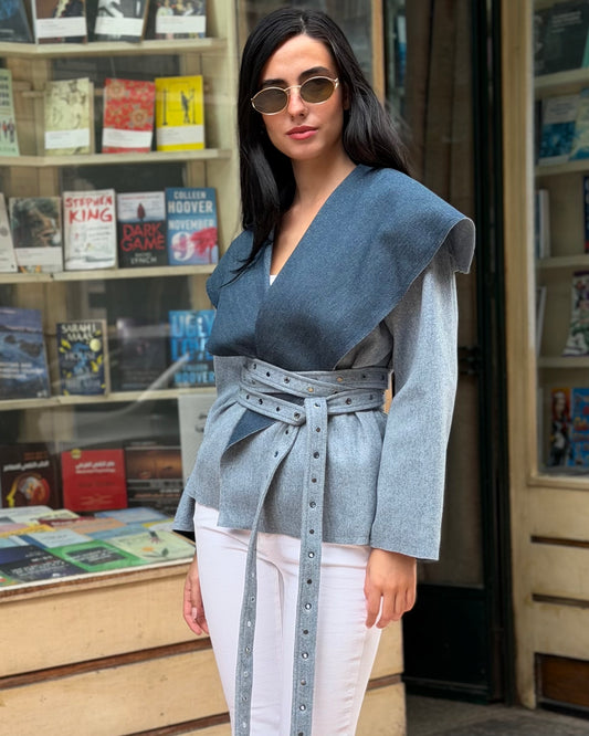 Belted Two-Tone Jacket in Blue