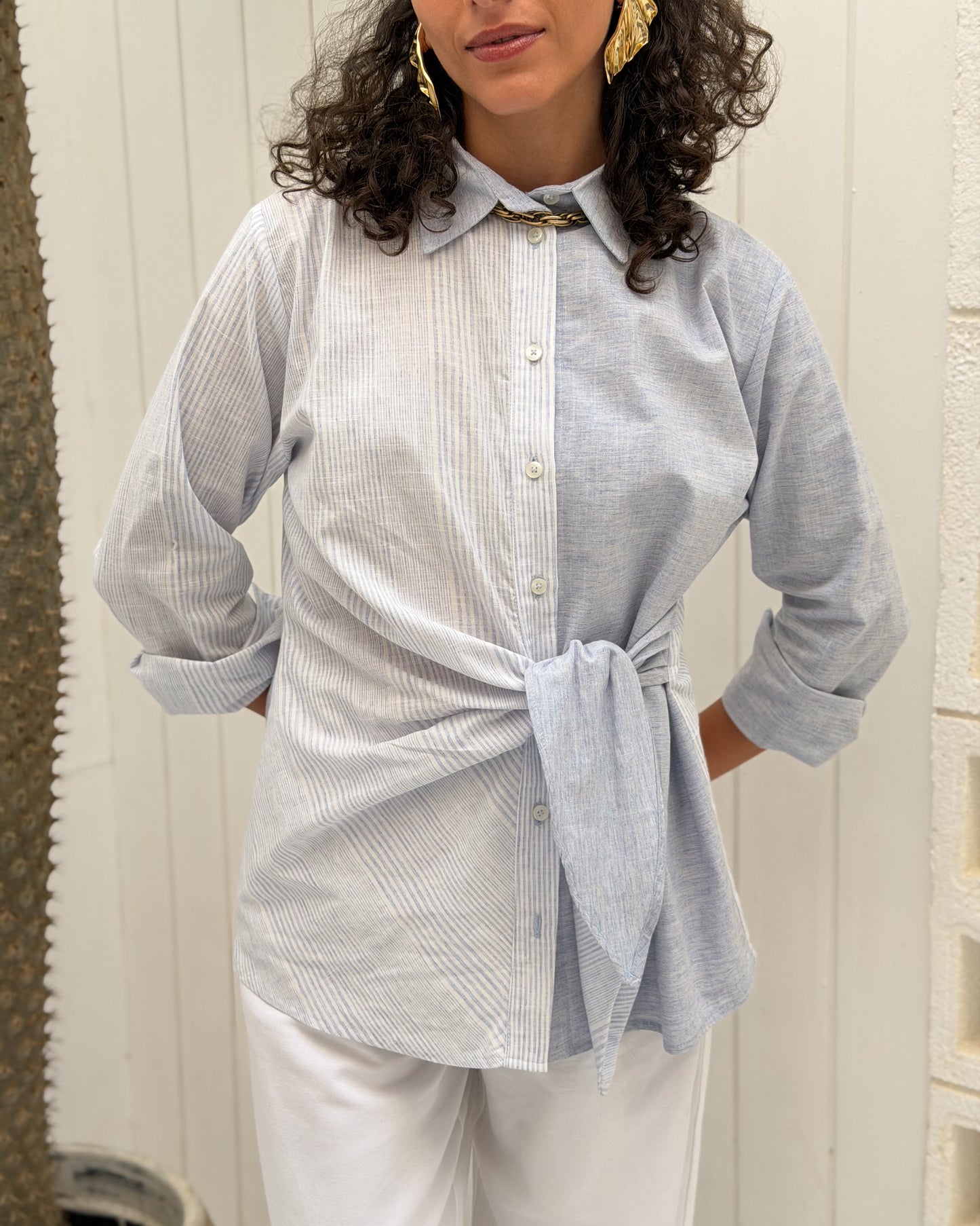 Tie-front Striped Shirt - Light Blue