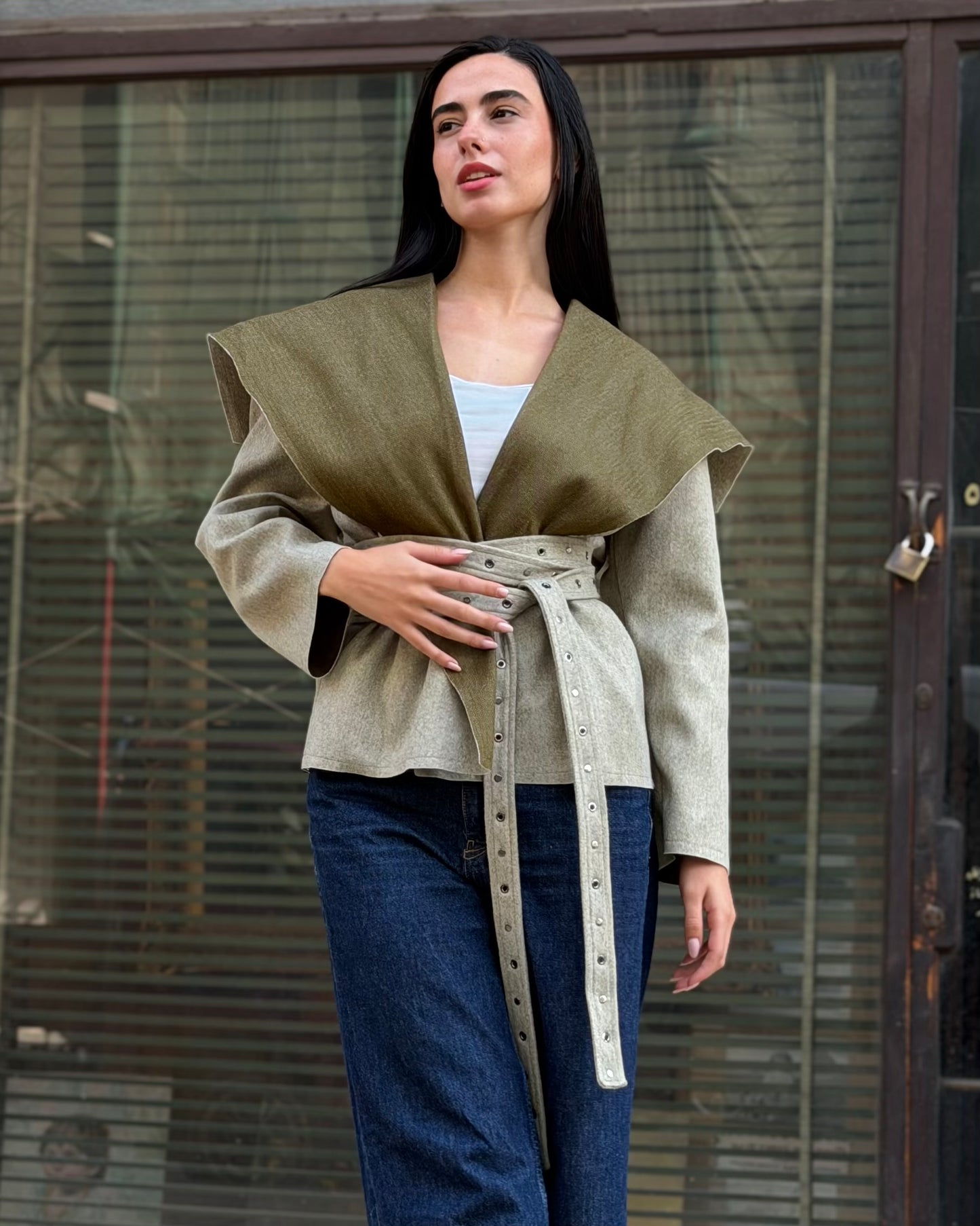 Belted Two-Tone Jacket in Olive