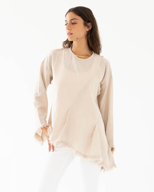 Frayed Edges Top in Beige - Long Sleeves