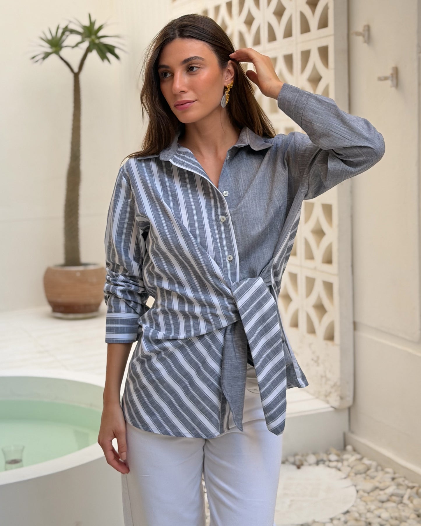 Tie-front Striped Shirt - Grey