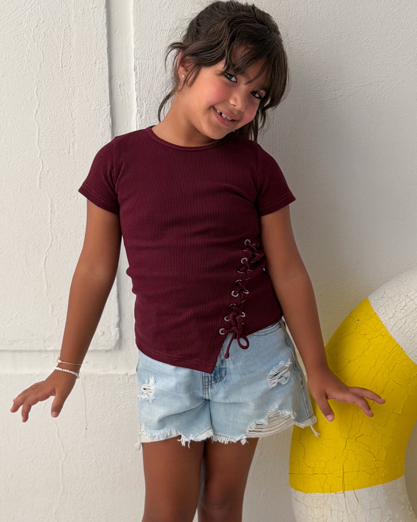 Ribbed Lace-up Tee - Burgundy