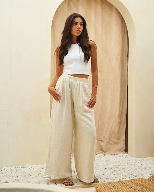 Pleats Linen Pants in Beige
