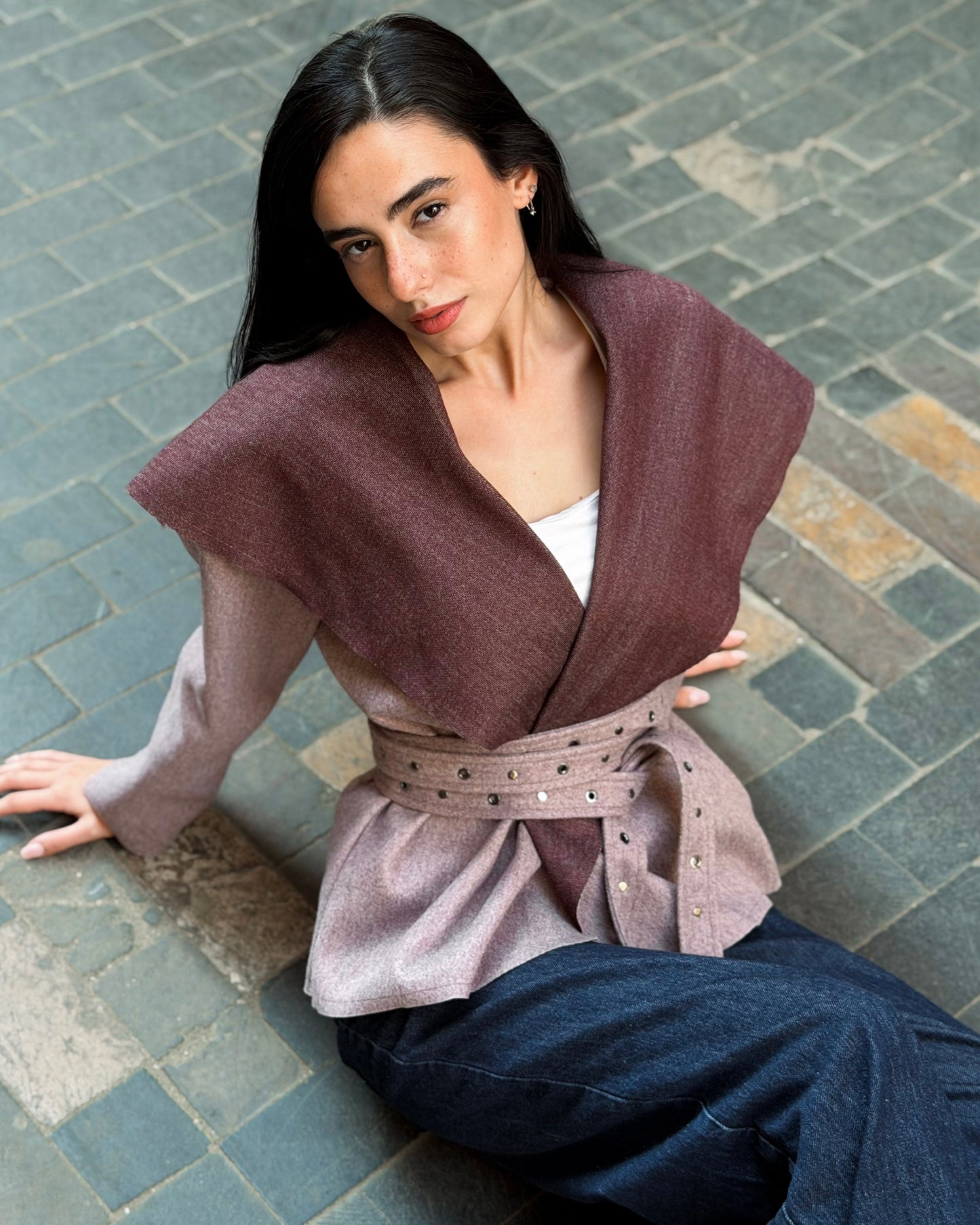 Belted Two-Tone Jacket in Plum