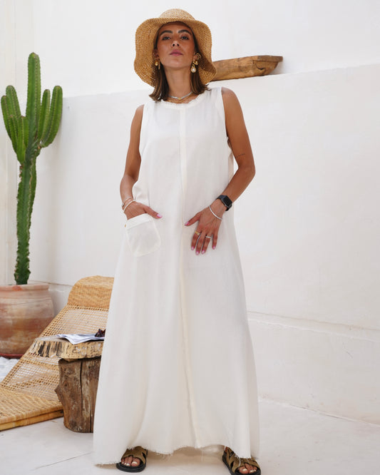 Frayed Linen Dress - White