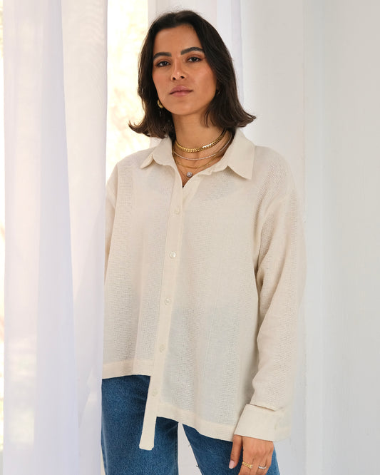 Asymmetric Textured Linen Shirt in Beige