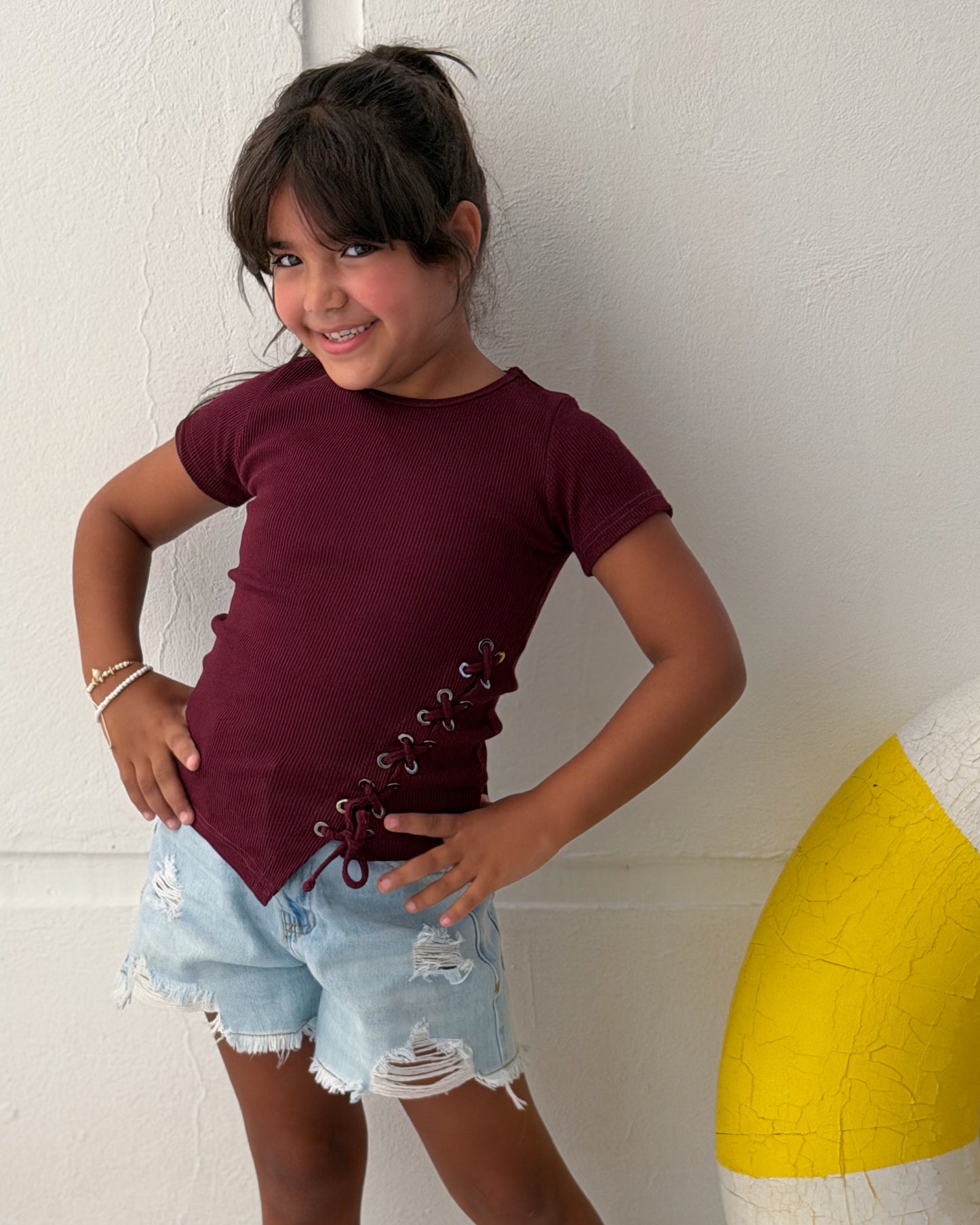 Ribbed Lace-up Tee - Burgundy
