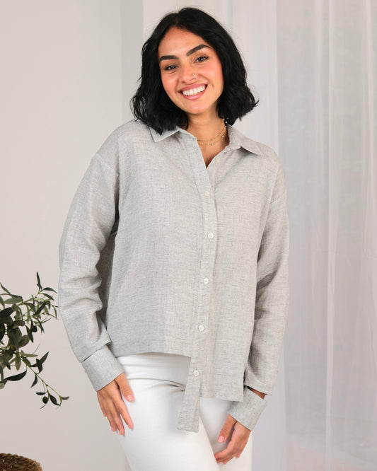 Asymmetric Striped Linen Shirt in Grey