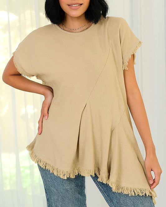 Frayed Edges Top in Beige - Short Sleeves