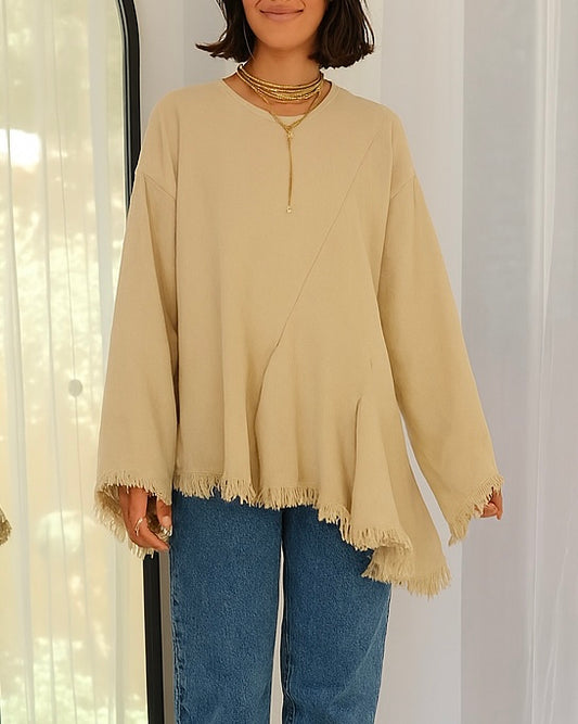 Frayed Edges Top in Beige - Long Sleeves